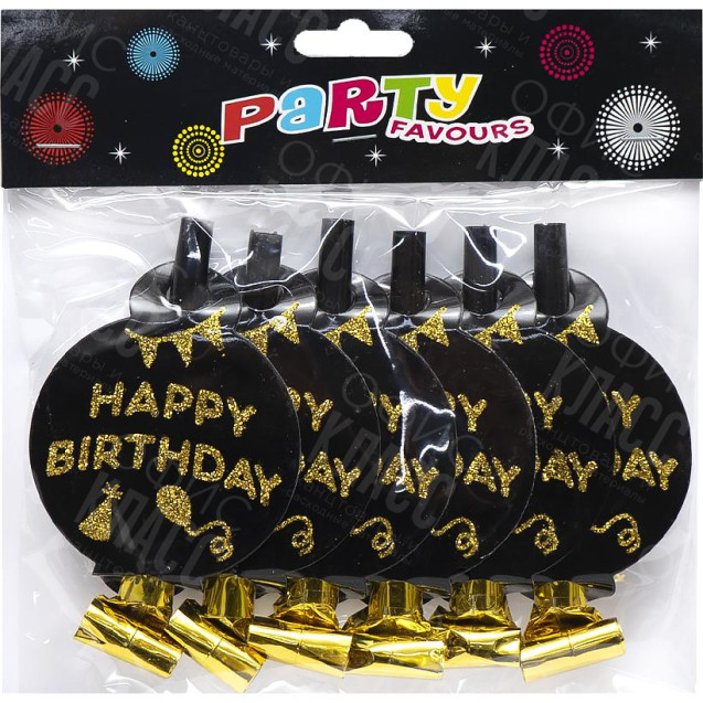 НАБОР СВИСТКОВ КАРНАВАЛЬНЫХ ФОЛЬГИРОВАННЫХ С КРУГОМ "HAPPY BIRTHDAY" 6 ШТУК 1698-9