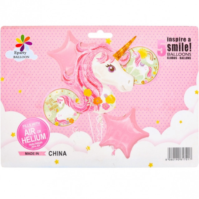 НАБОР ШАРИКОВ ФОЛЬГИРОВАННЫХ "ЕДИНОРОГ" 5 ШТУК  A-127