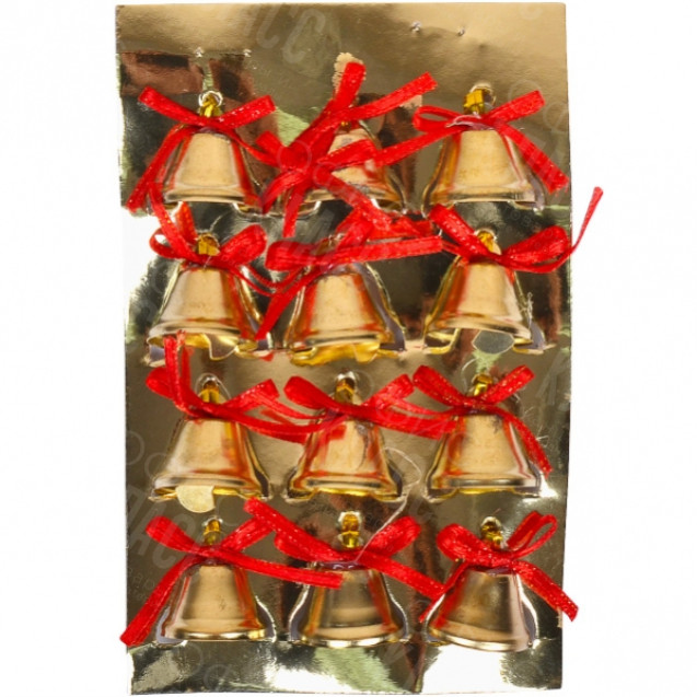 НАБОР-УКРАШЕНИЕ «КОЛОКОЛЬЧИК»  С БАНТИКОМ 12  ШТ ЗОЛОТОЙ МЕТАЛЛ 12–157