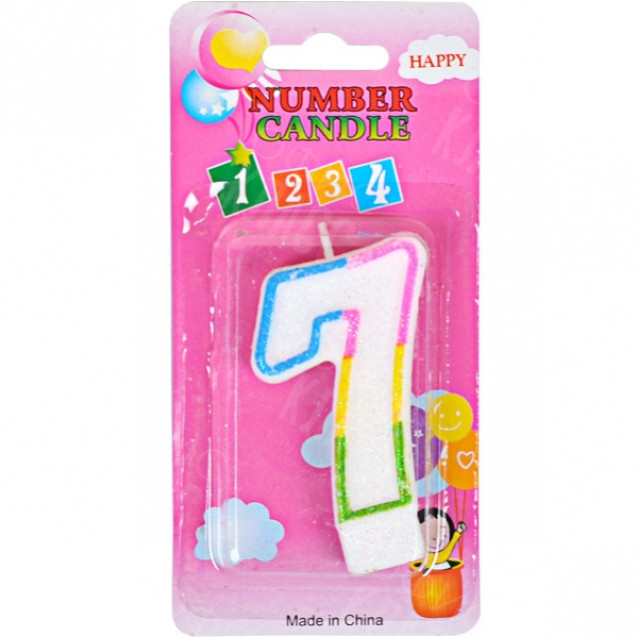 СВЕЧКА-ЦИФРА ЦВЕТНАЯ 10–116 С БЛЁСКАМИ «7»