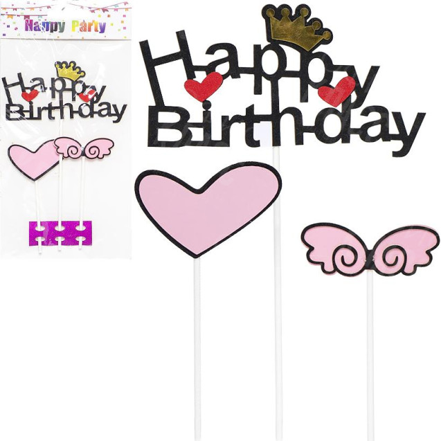 УКРАШЕНИЯ - ТОППЕР ДЛЯ ТОРТА HAPPY BIRTHDAY СЕРДЦЕ 87-5