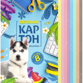 КАРТОН ЦВЕТНОЙ А4 ПАСТЕЛЬНЫЙ ОДНОСТОРОННИЙ В ПАПКЕ 8 ЛИСТОВ "МАНДАРИН" 22114