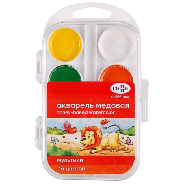 КРАСКИ АКВАРЕЛЬНЫЕ МЕДОВЫЕ 16 ЦВЕТОВ ГАММА "МУЛЬТИКИ", БЕЗ КИСТИ, ПЛАСТИКОВАЯ КОРОБКА (211046_16)