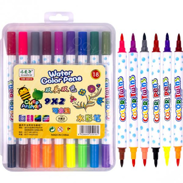 ФЛОМАСТЕР ДВУХЦВЕТНЫЙ 9 ШТУК 18 ЦВЕТОВ 8059–18 В ПЛАСТИКОВОМ БОКСЕ