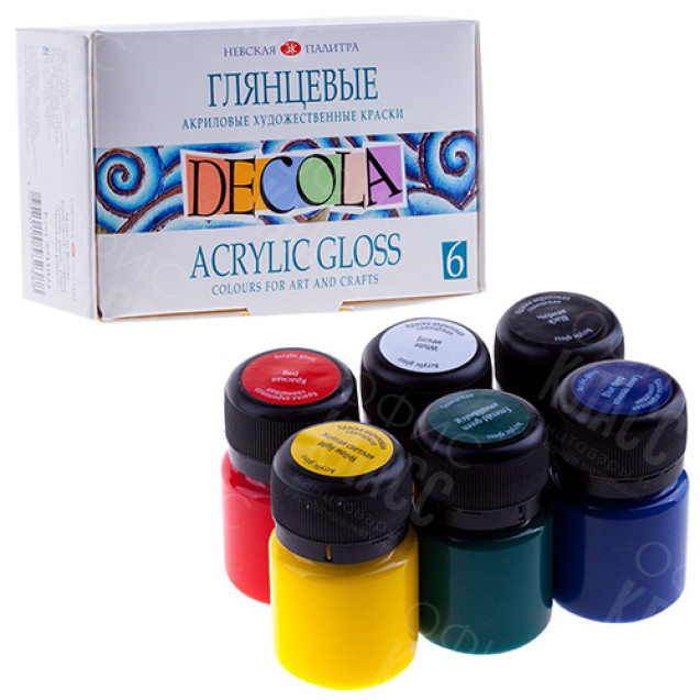 КРАСКИ  6 ЦВЕТОВ 20МЛ АКРИЛОВЫЕ ГЛЯНЦЕВЫЕ DECOLA 2941024