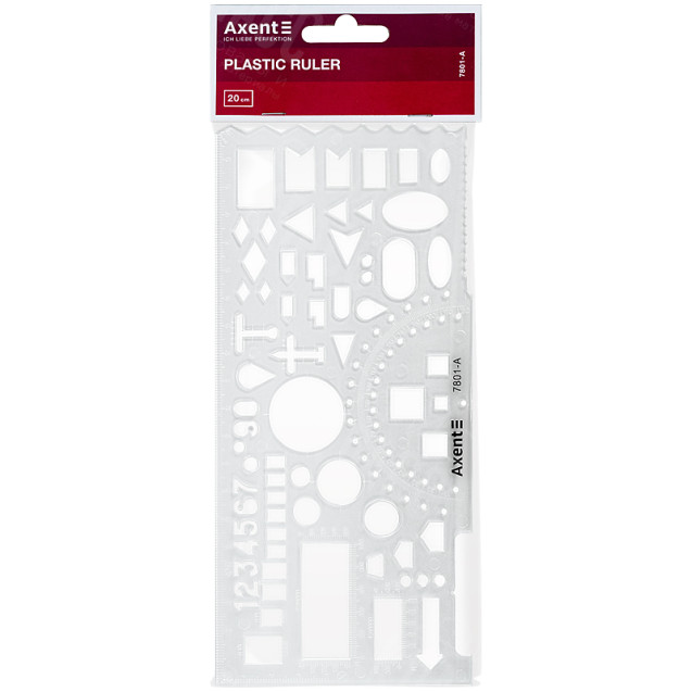 ЛИНЕЙКА-ТРАФАРЕТ "ОФИЦЕРСКАЯ" AXENT 7801-A, 20 СМ, ПРОЗРАЧНАЯ