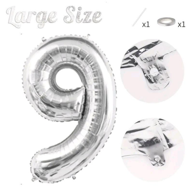 СЕРЕБРЯНЫЙ ВОЗДУШНЫЙ ШАР 83СМ ЦИФРА 9