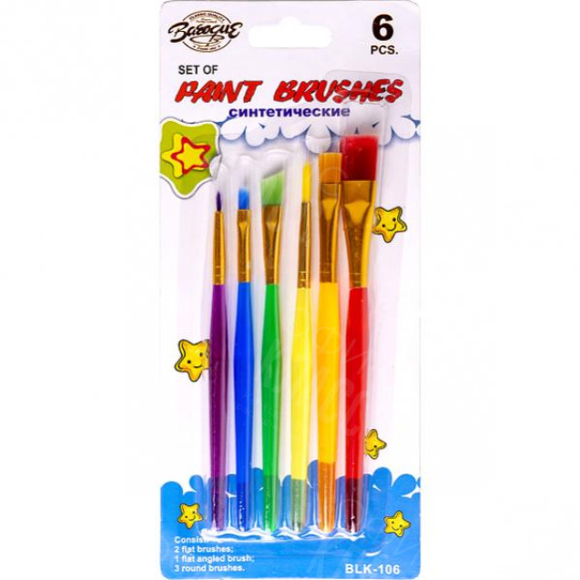 НАБОР КИСТЕЙ НЕЙЛОН "ЦВЕТНЫЕ ПЛАСТИК"  6 ШТУК 24-3