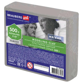 ПЛАСТИЛИН СКУЛЬПТУРНЫЙ 500Г МЯГКИЙ BRAUBERG СЕРЫЙ