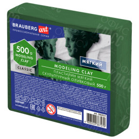 ПЛАСТИЛИН СКУЛЬПТУРНЫЙ 500Г МЯГКИЙ BRAUBERG ОЛИВКОВЫЙ